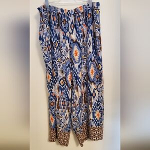 Soho Boho Blue Patterned Elastic-Waist Wide-Leg Pants 3X Festival Southwestern